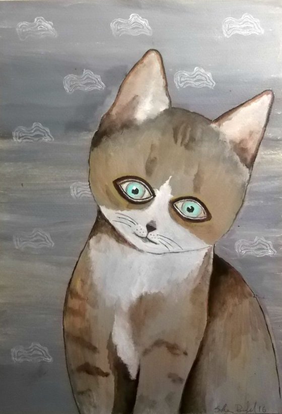 The cat  on grey background