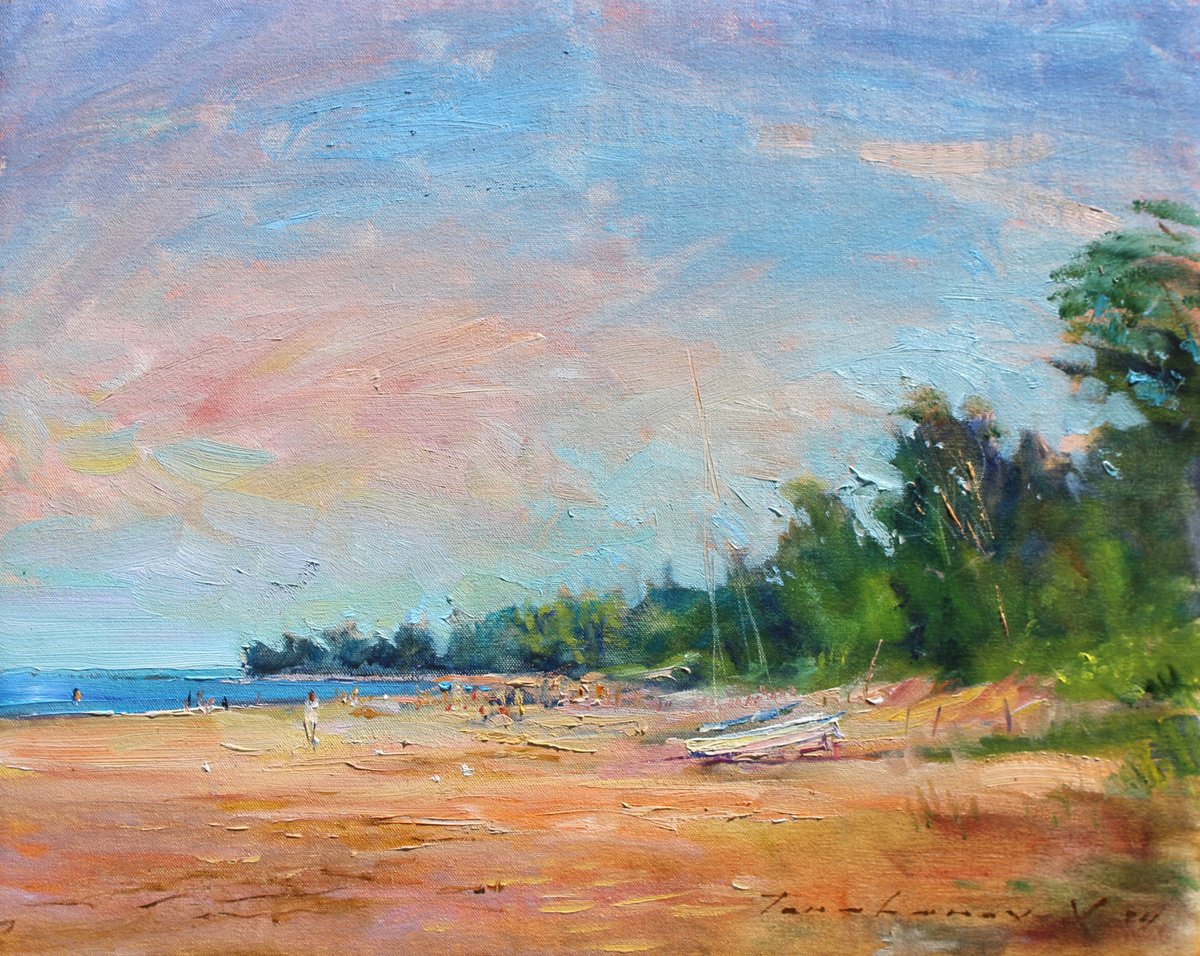 Impressionistic Landscape Oil Painting By Volodymyr Tarabanov, 20 X 16", On The Quiet Coast, Original Artwork