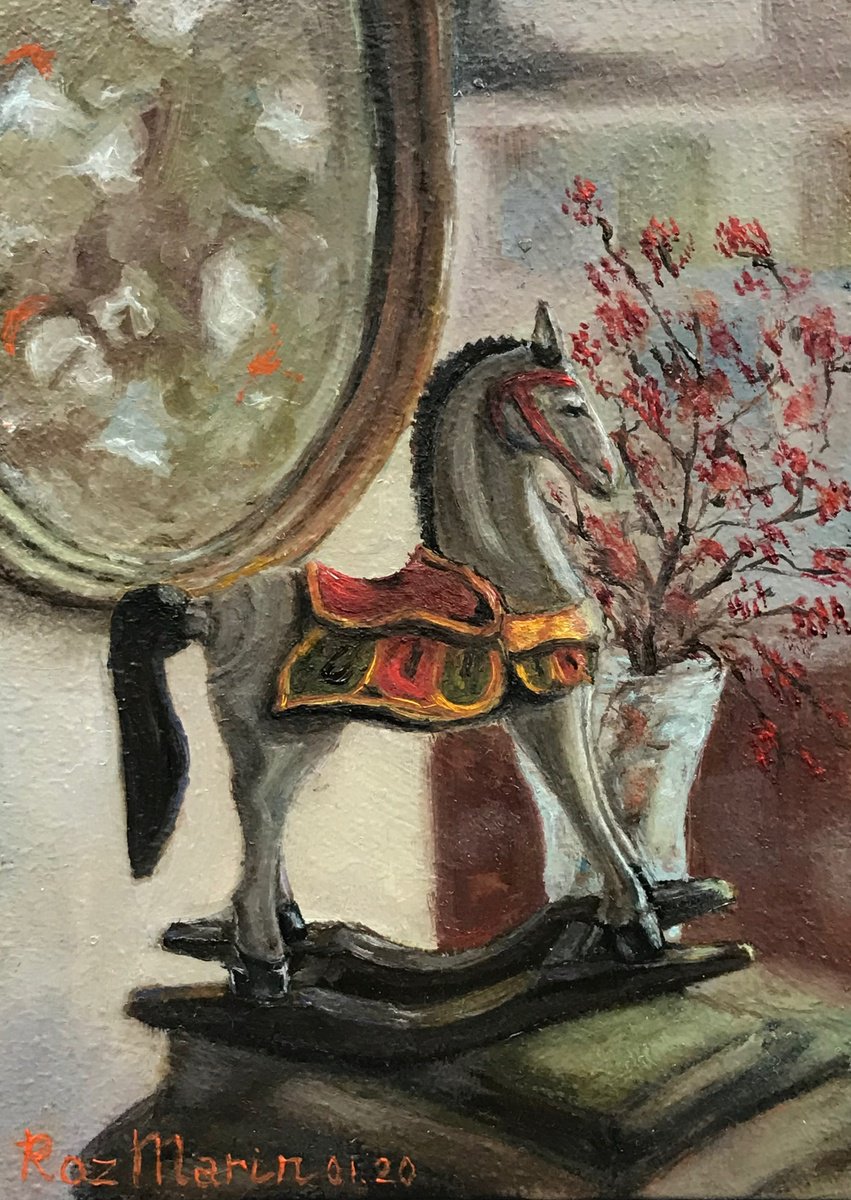 Naive Animal Oil Painting By Marina Deryagina, 5 X 7", Rocking Horse 1.5, Original Artwork
