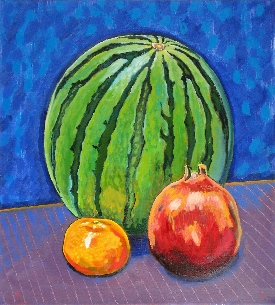 Still Life Oil Painting By Richard Gibson, 20 X 22", Watermelon, Pomegranate And Satsuma, Original Artwork