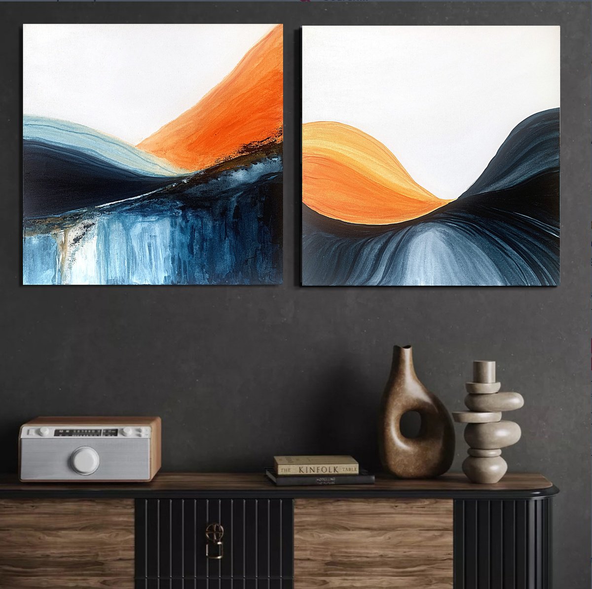 Amber Flowlines - Blue Orange Landscape By Tatiana Malinovscaia, 31 X 16, Artwork For Sale On Artfinder