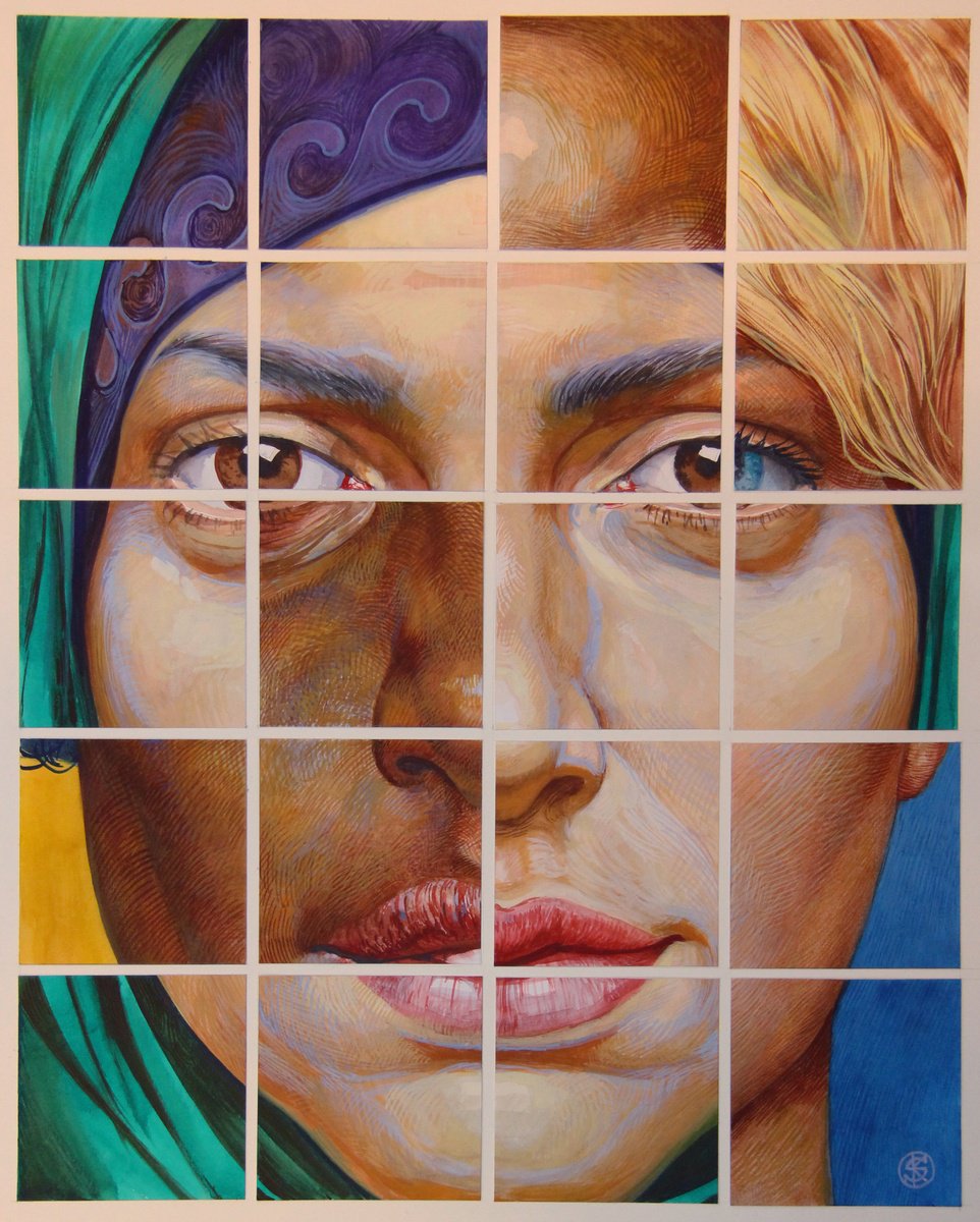 Geometric Portrait Watercolour By Yaroslav Kurbanov, 20 X 28", Globalization 1, Original Artwork