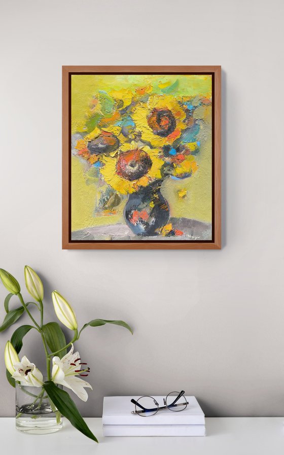 Sunflowers in a Black Vase