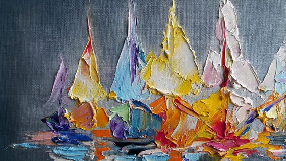 "Sea with yachts" - Oil painting, seascape,  landscape, yacht original painting, sea with yachts, modern painting, Impressionism, made by palette knife