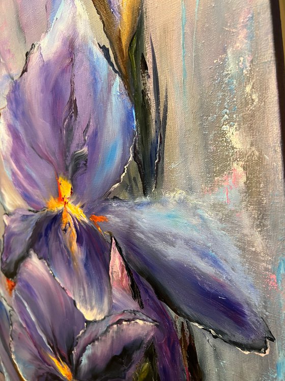 The mystery of irises - oil painting, original gift, home decor, Flowering, Spring, Leaves, poster, Bedroom, Living Room, Meditation, Lilac, Blue Flower, Lilac, Rainbow, Bright Flowers