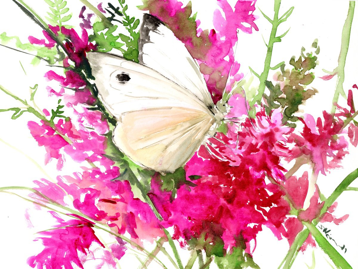 White Butterfly and Bright Pink Flowers by Suren Nersisyan