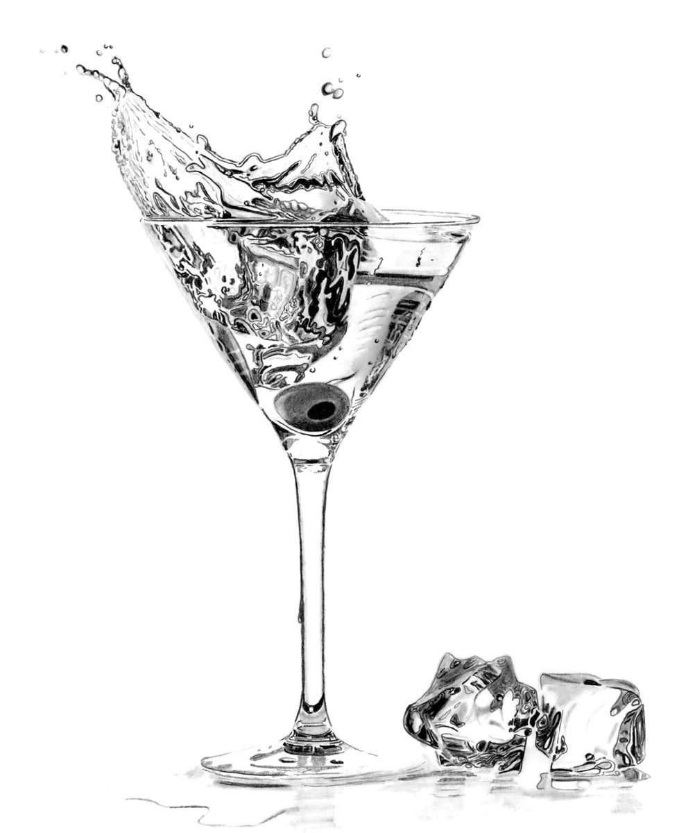 Photorealistic Still Life Pencil Drawing By Paul Stowe, 12 X 14", Martini 2 Splash, Original Artwork