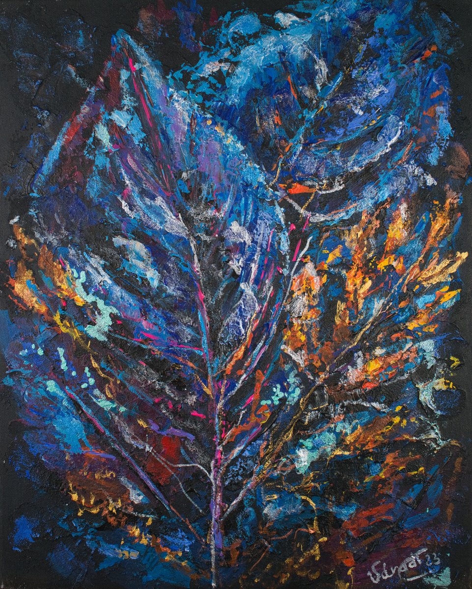 Expressive Botanical Acrylic Painting By Catherine Varadi, 16 X 20, Cosmic Tree Leaf, Original Artwork
