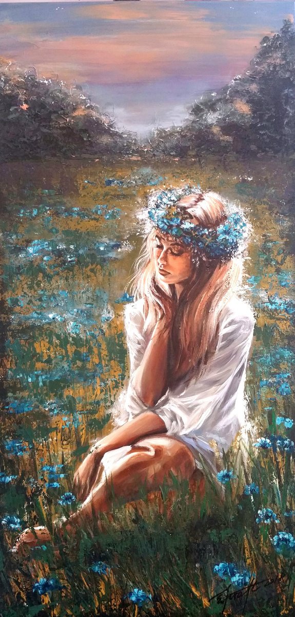 Expressive Portrait Acrylic Painting By Elena Kraft, 20 X 39, Bluet, Original Artwork