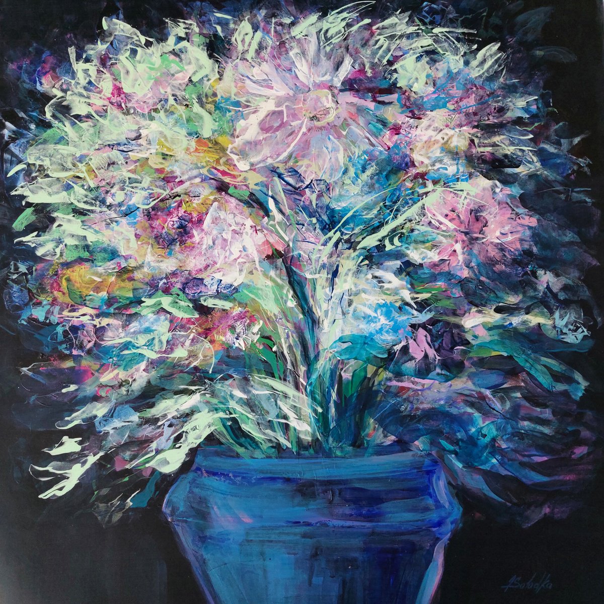 Impressionistic Botanical Acrylic Painting By Katia Solodka, 28 X 28", Ethereal Bloom (Flowers In Vase 4), Original Artwork