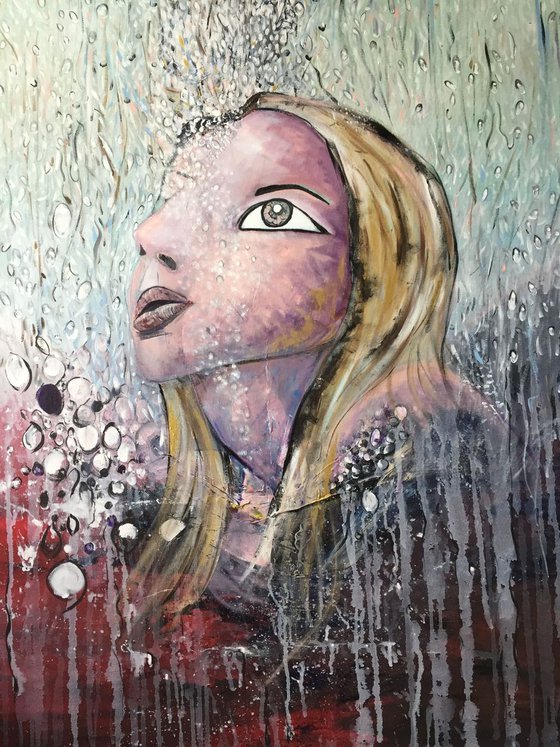 Rain Drops Acrylic Painting Large Canvas Art Original Artwork Woman Submerged 40"x50" Free Shipping