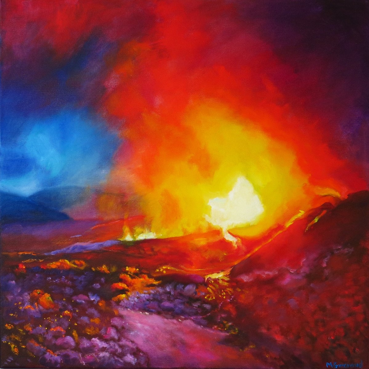 Impressionistic Landscape Oil Painting By Maureen Greenwood, 20 X 20", Volcanic Eruption, Original Artwork