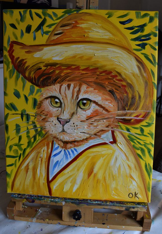 Handsome Cat Inspired by Van Gogh in a straw hat FELINE ART FOR CAT LOVERS