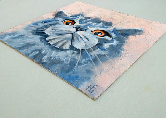 Grey Cat Oil Painting Original Art Cute Pet Artwork Cat Portrait