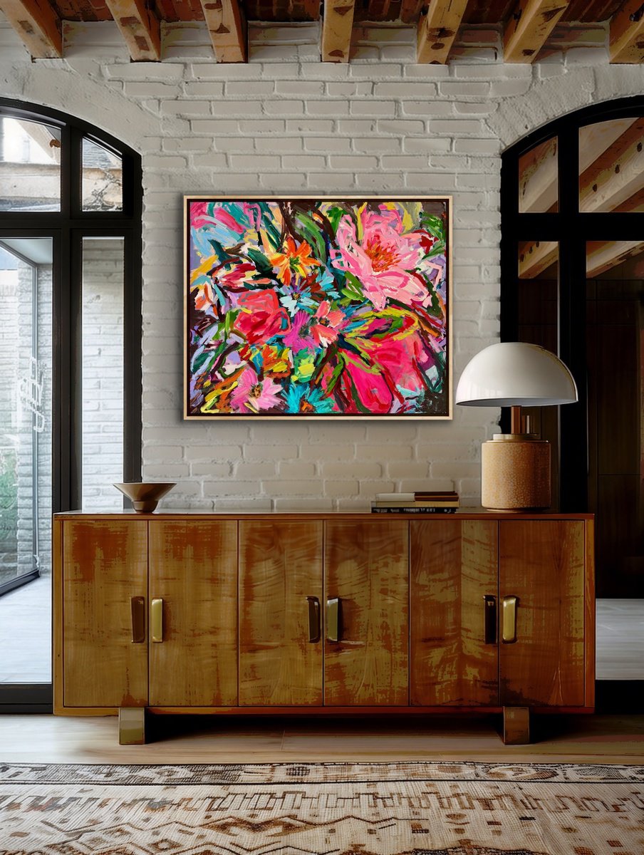 Expressive Botanical Painting By Julia Borg, 39 X 47", "Sea Of Love...", Original Artwork