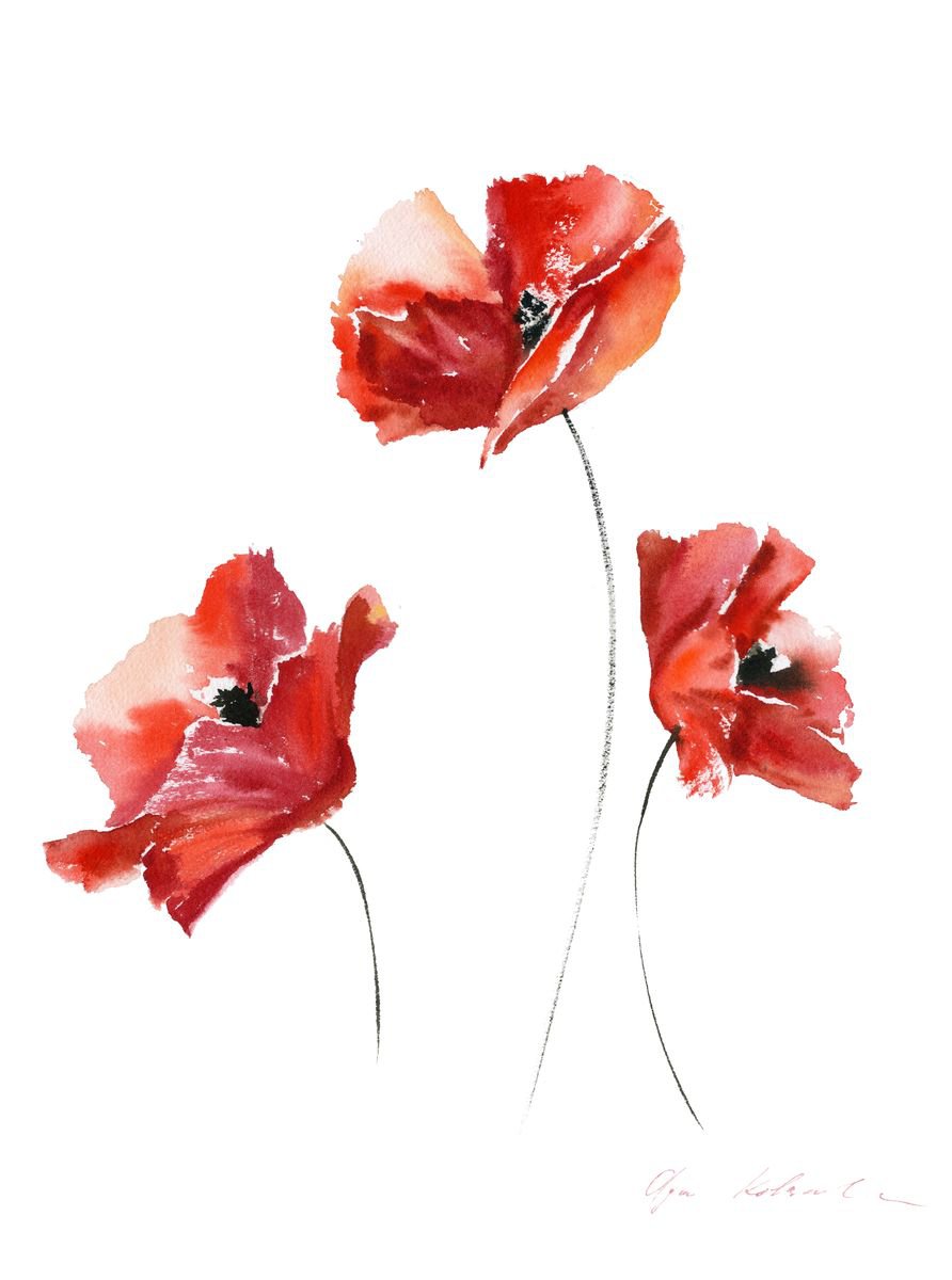 Impressionistic Botanical Watercolour By Olga Koelsch, 12 X 16", Red Poppies 3, Original Artwork