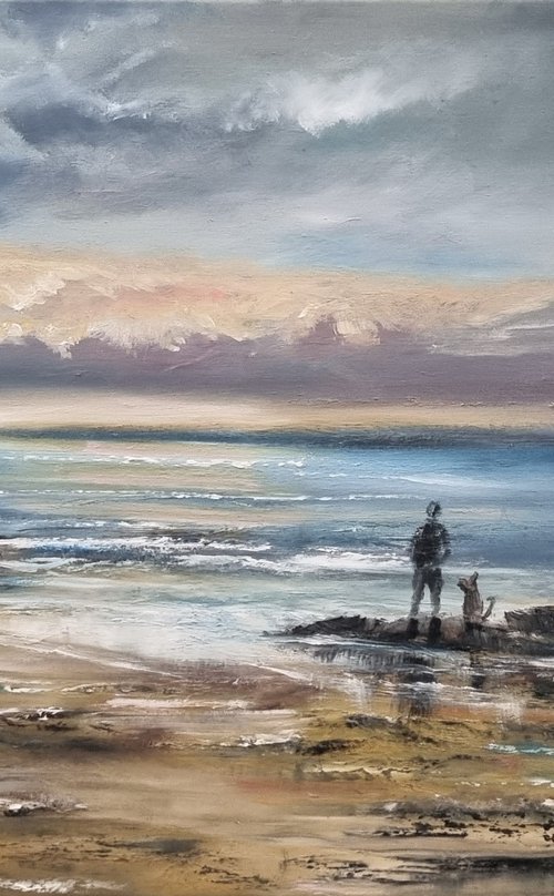 At the beach with my bestie Seascape in oils Large 20"×30" by Hayley Huckson