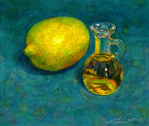 Lemon and oil still life by Elena Gaivoronskaia