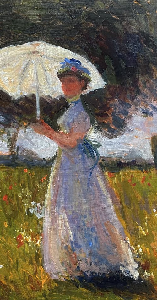 Woman with a Parasol; Framed & ready to hang home decor gift oil painting. by Jackie Smith