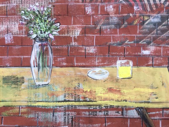 Just a Table Acrylic on Newspaper Still Life Art Dining Table 29x37cm Beautiful Gift Ideas