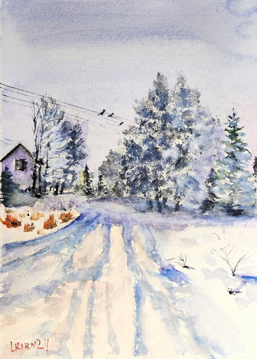 Impressionistic Landscape Watercolour By Leonid Kirnus, 10 X 14", Winter Landscape, Original Artwork