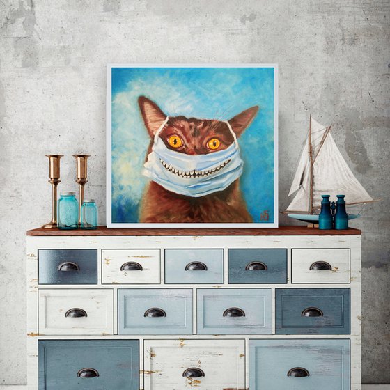 Lockdown cat, cat painting funny cat portrait 40x40 cm