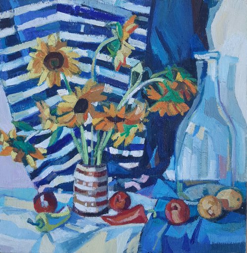 Sunflowers with striped drapery by Maja Đokić Mihajlović