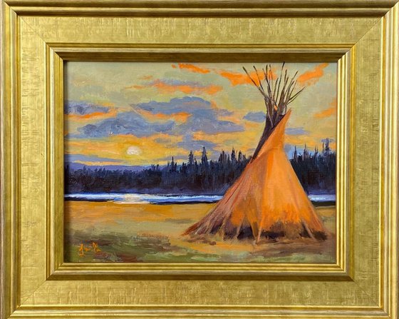 Tepee at Sunset, Americana evening landscape.