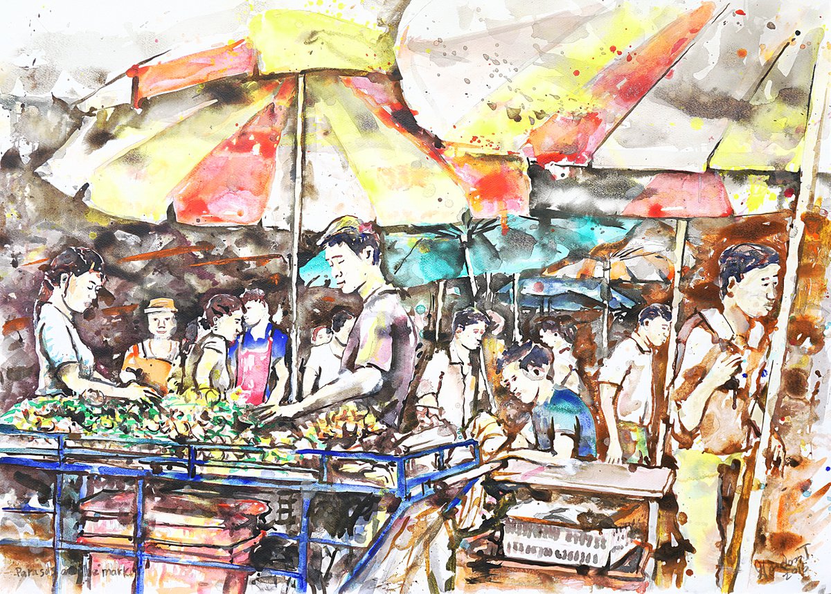Parasols And The Market By Gordon T., 41 X 30, Artwork For Sale On Artfinder