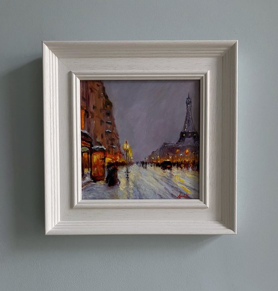 Paris in the snow with the Eiffel Tower. Original Cityscape Oil Painting.