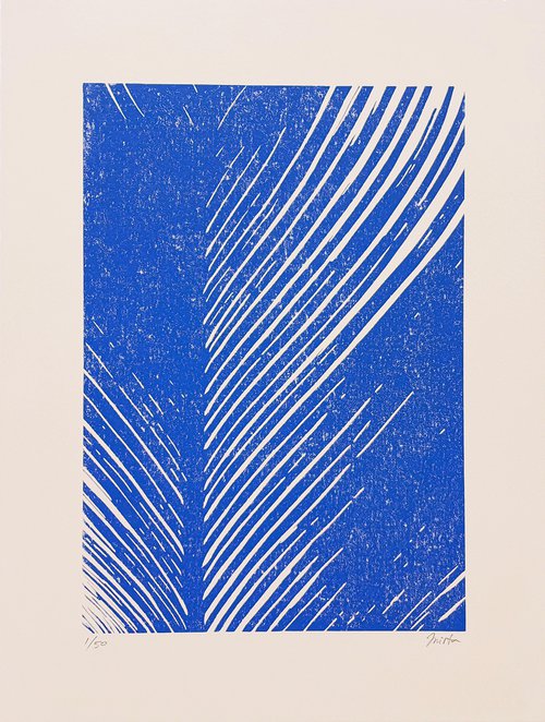 Blue palm leaf ⋅ Linocut print by Mirta Artworks