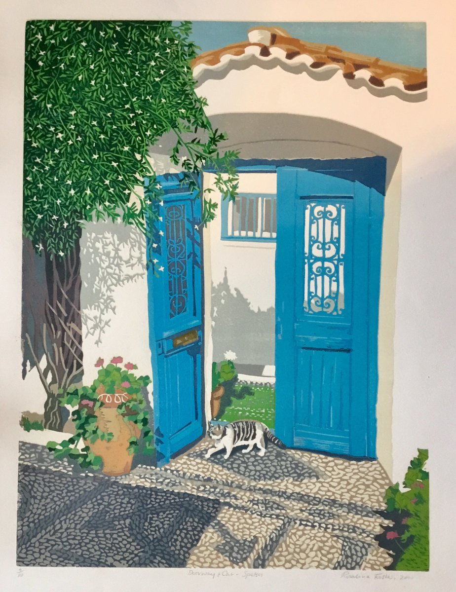 Cityscapes Linocut By Rosalind Forster, 14 X 20", Doorway And Cat Spetses, Original Artwork