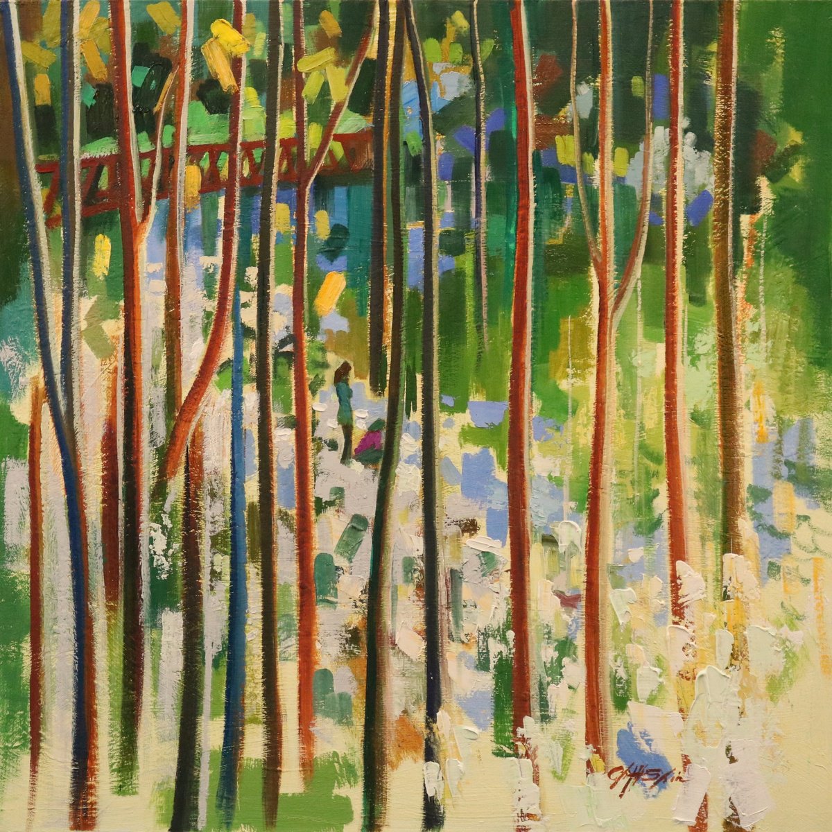 Expressive Landscape Oil Painting By Chin H Shin, 30 X 30, The Bridge Over Sunken Meadow, Original Artwork