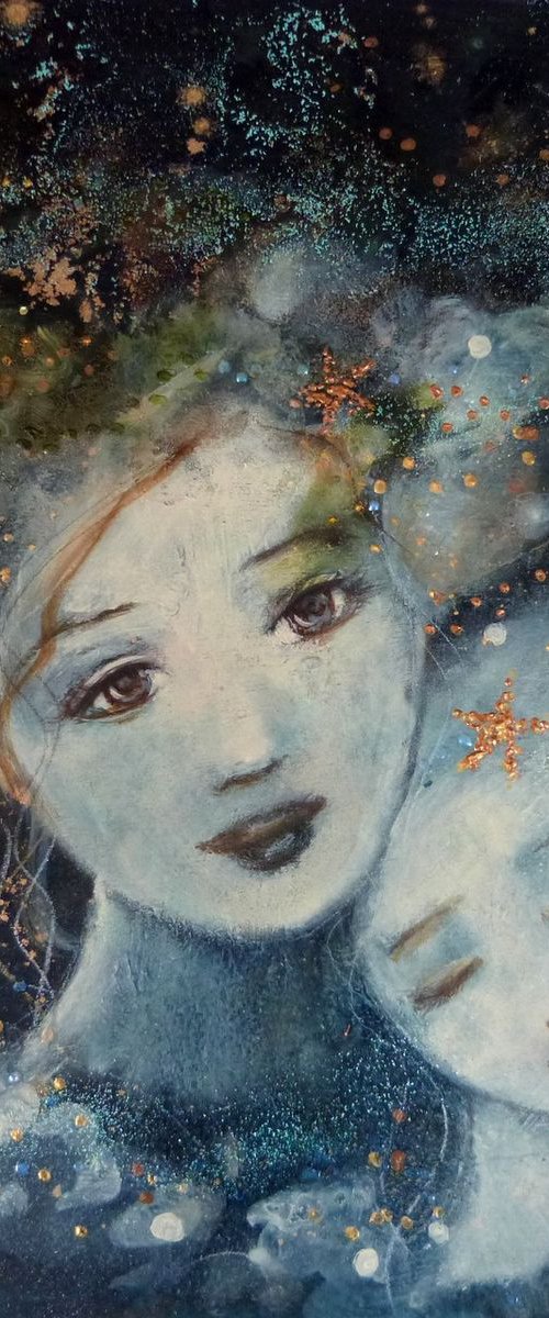 "J'apaiserai tes songes " mix media on wood 30x30cm by Loetitia Pillault