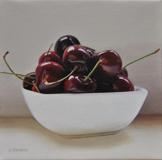 Still life with cherries , Original oil on canvas painting