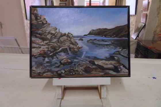 Portbou  Cove, Seascape, Orignial Oil Painting by Anne Zamo