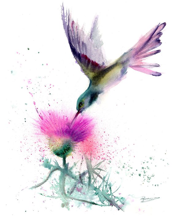 Hummingbird with pink flower