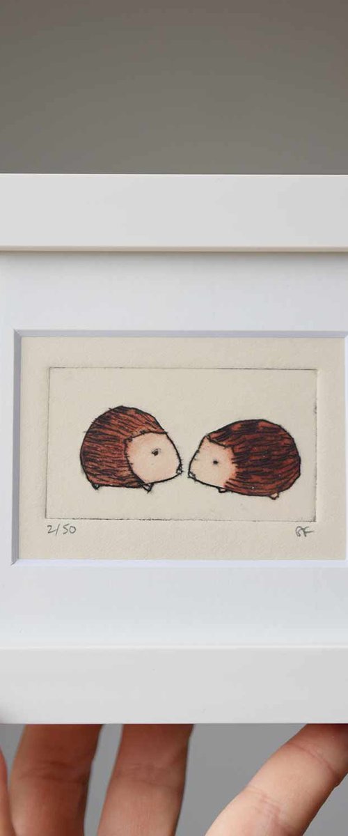 Small framed two hedgehogs by Sally Fisher