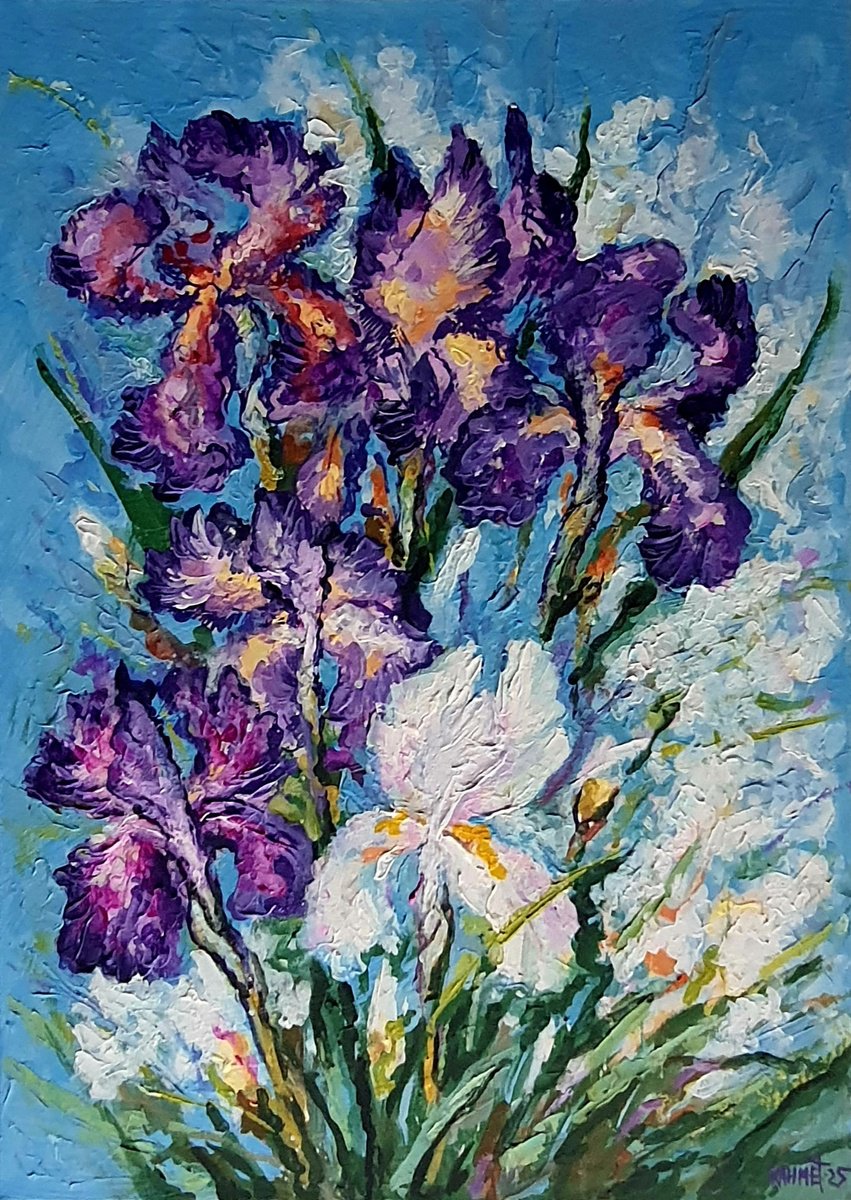 Impressionistic Botanical Acrylic Painting By Rakhmet Redzhepov, 20 X 28", Irises 2, Original Artwork
