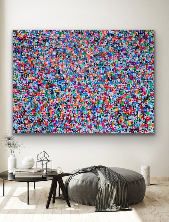 51''x 69''(130 x 175 cm), Life in Colors 38, blue, pink, cream, green black, neon huge pop art bright colors canvas art  - xxxl art - abstract art painting- extra large art