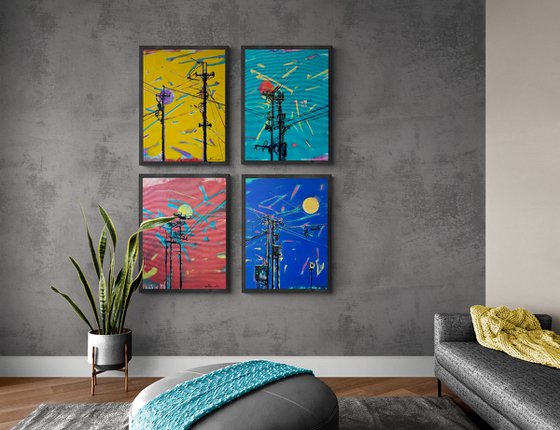 XXXL Urban painting-"Electricity"-Pop art-Polyptych-Bright-Street art-Diptych-Electric pole-Urban-Sunset