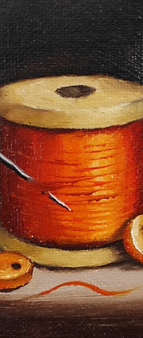 Little Orange  cotton reel  still life by Jane Palmer Art