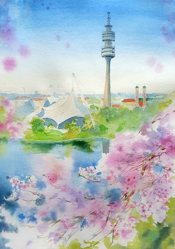 Spring cherry blooming in Munich Olympiapark