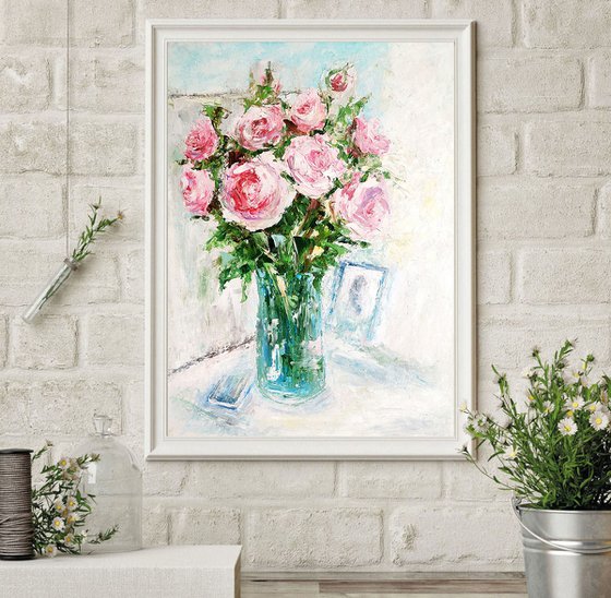 Roses Painting Original Art Pink Flower Bouquet Floral Wall Art