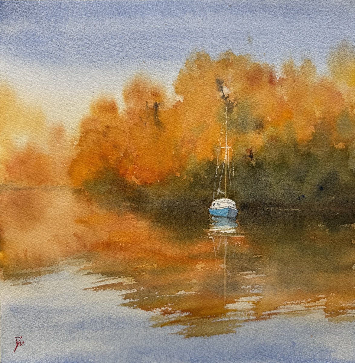 Impressionistic Landscape Watercolour By Shelly Du, 12 X 12", The Blue Boat In Autumn, Original Artwork