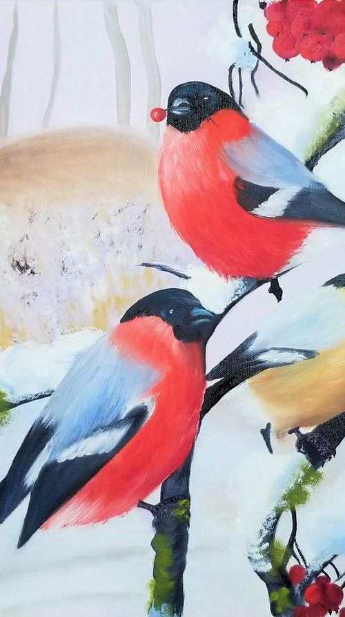 Bullfinches on Mountain Ash Branches. Oil on Canvas. 18" x 24". 45,72 x 60,96 cm. by Alexandra Tomorskaya/Caramel Art Gallery