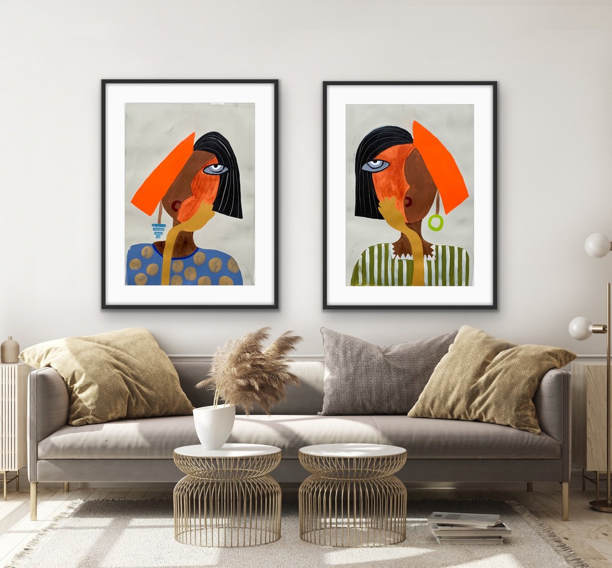 Abstract Portrait Acrylic Painting By Rashna Hackett, 20 X 27", Contemplation (Diptych), Original Artwork