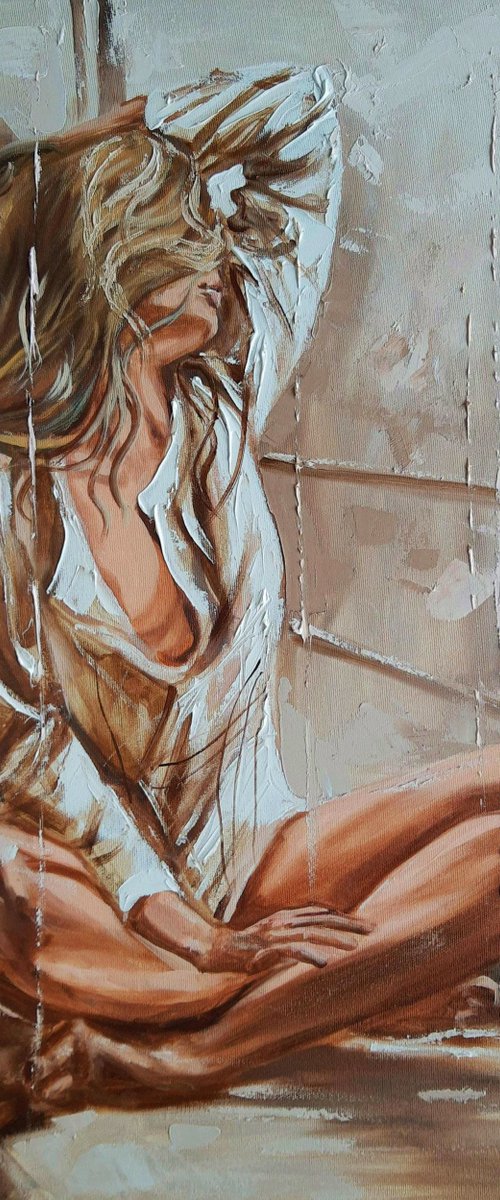 " LAZY MORNING ... "- liGHt ORIGINAL OIL PAINTING, GIFT, PALETTE KNIFE nude WINDOW (2020) by Monika Luniak