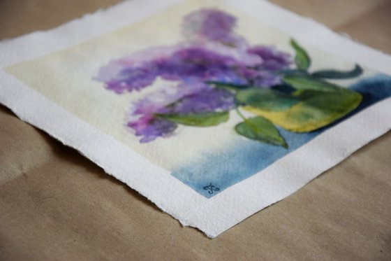 Lilac flowers original watercolor painting on craft paper, Botanical still life, romantic postcard