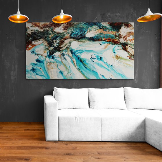 Crushed Southern Coast 190cm x 100cm Teal Oxide White Textured Abstract Art